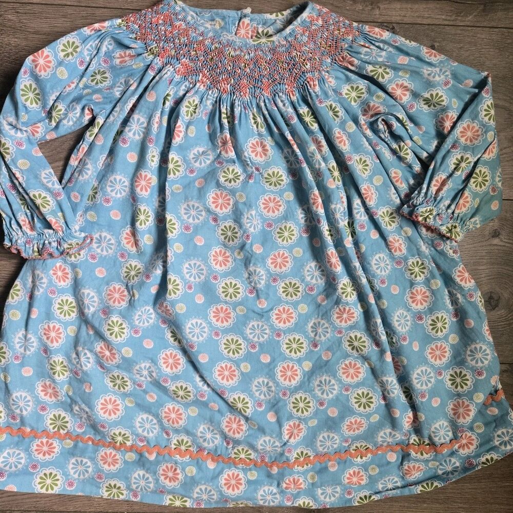 Marmellata Girls 4T Dress Blue Floral Smocked Long Sleeve Ric Rac Retro Cottage